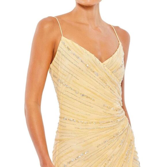 Mac Duggal NWT Beaded Sleeveless Faux Wrap Gown in Buttercream Size 12 - Picture 2 of 9